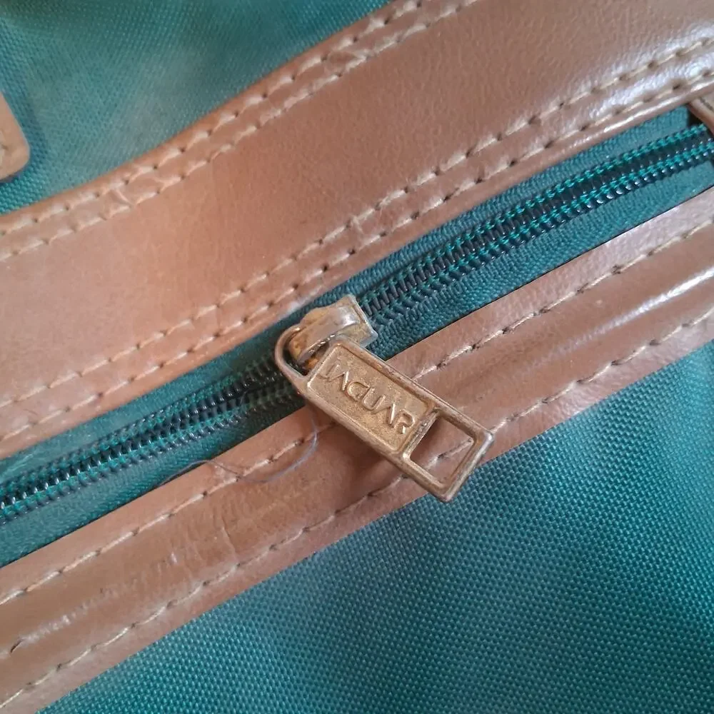 Vintage Jaguar Canvas Leather Duffle Bag Green Medium Large 90s Travel Luggage